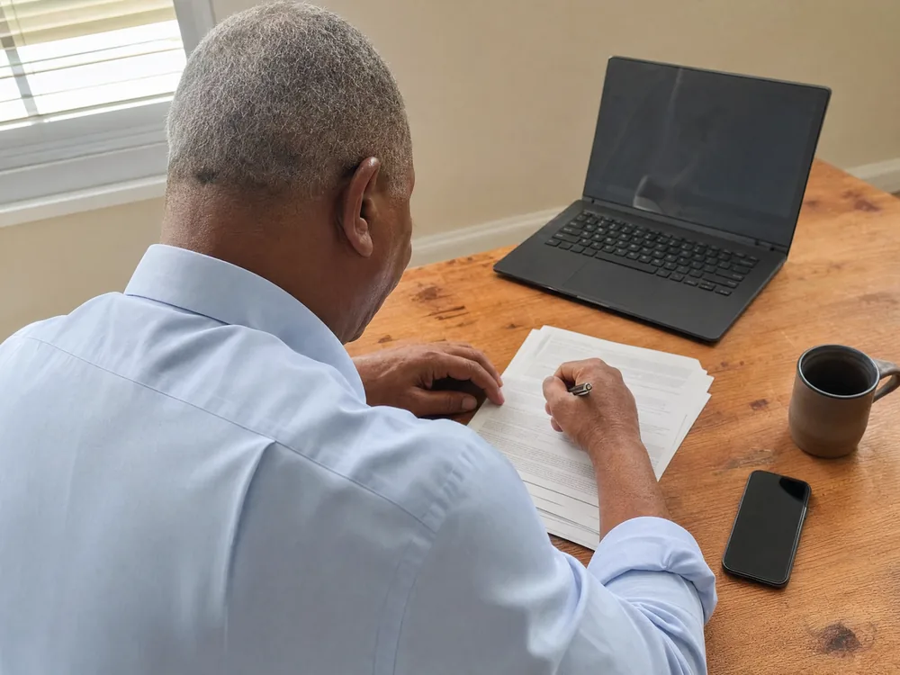 Johnnie Benton Sr. at his desk reviewing a client's documents